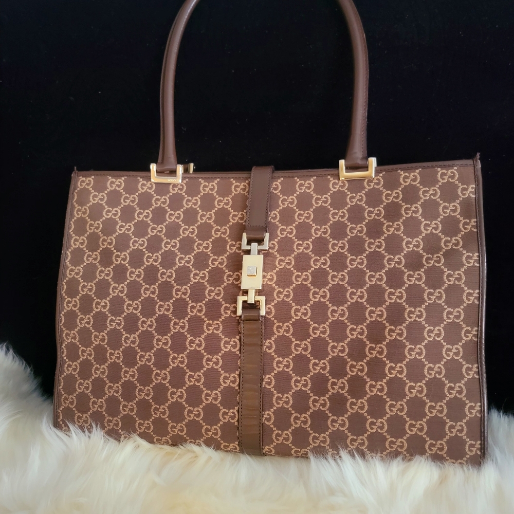 Vintage Gucci Jackie Bardot  GG Handbag Shoulder Bag  Brown With Beige Monogram